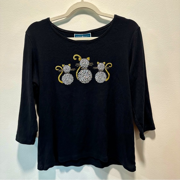Karen Scott Tops - Karen Scott Sparkly Gem Cats Metallic Gold 3/4 Sleeve Boatneck Top Women size L
